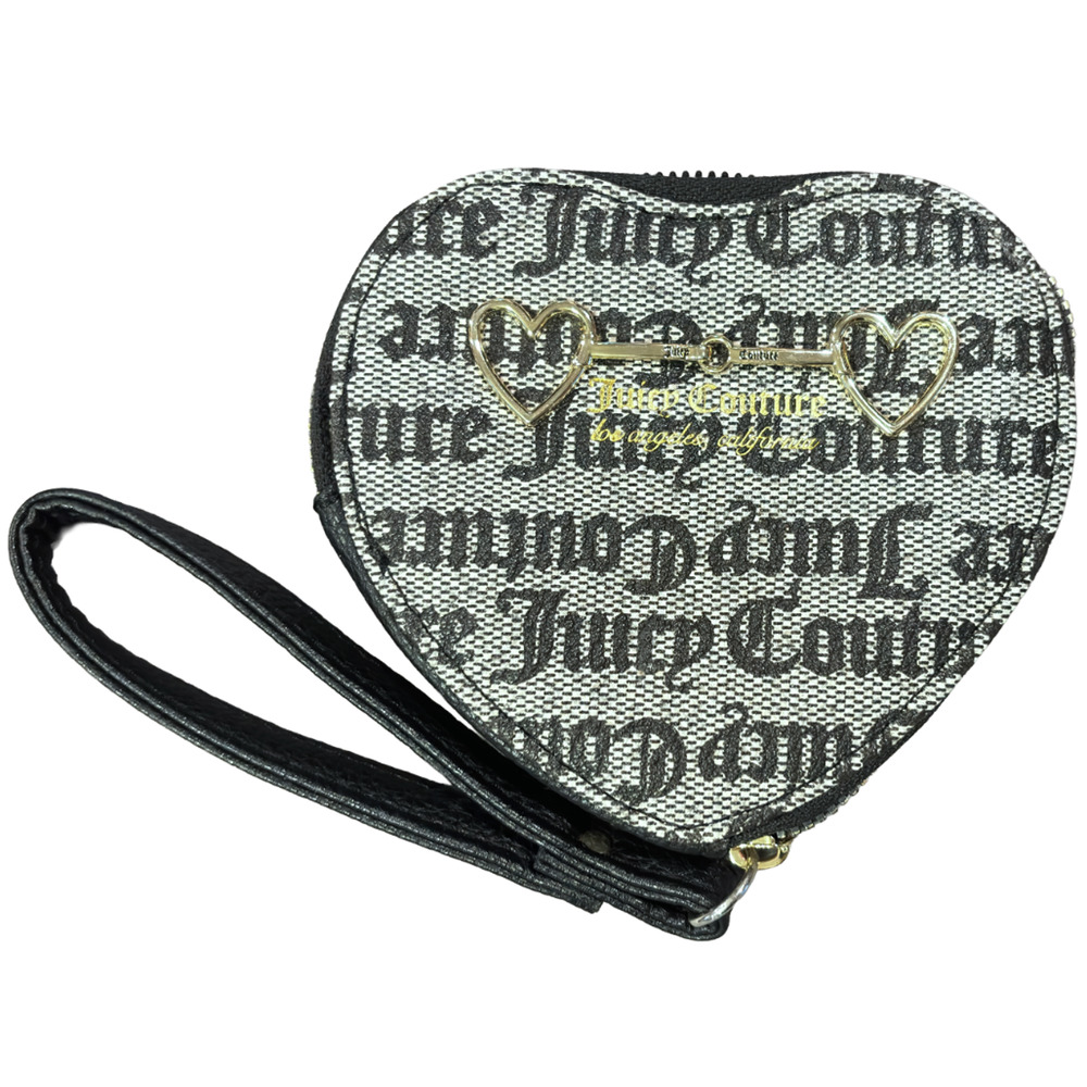 Juicy Couture Black Heart Shaped Coin Purse Wallet Wristlet Gold Hardware